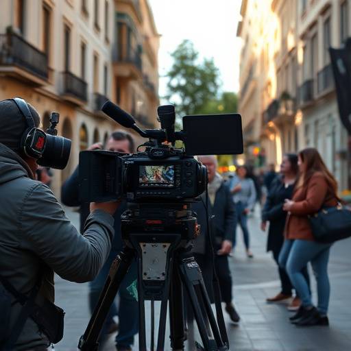 Equipo de filmación grabando una escena en Barcelona