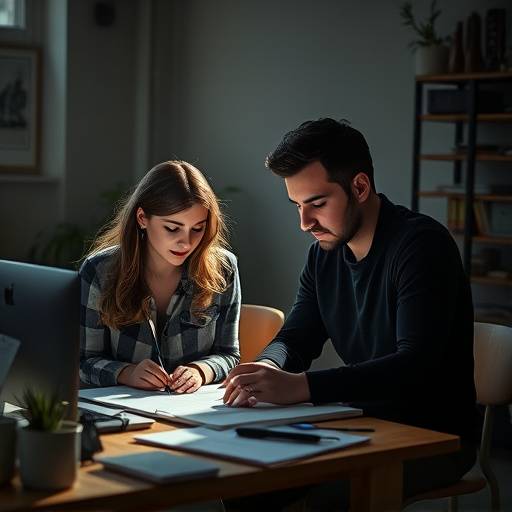 Fotografía de los fundadores de StudioVisual BCN, Clara y Miguel, trabajando en su primer proyecto.