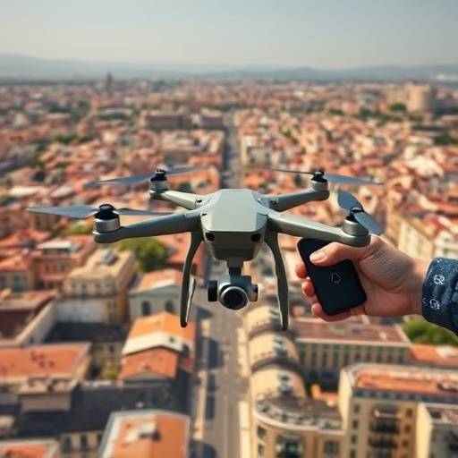Un dron grabando imágenes aéreas de la ciudad de Barcelona.
