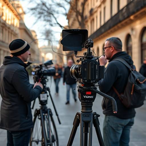 Un equipo de filmación profesional grabando una escena en exteriores en Barcelona.
